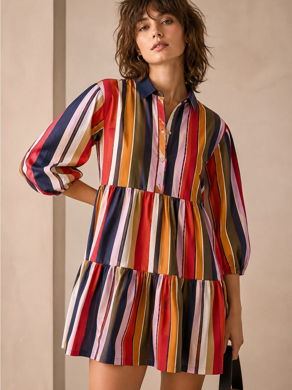 Anthropologie Bettina Stripe Tiered Shirt Dress Maeve Cotton Petite Small